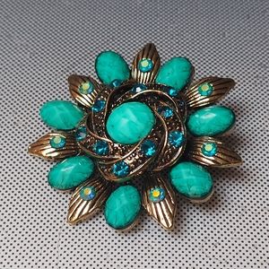 Azure flower brooch pin in blues of turquoise blue rhinestone and aurora blue